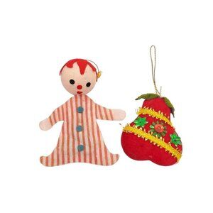 Vintage Christmas Elf & Flocked‎ Pear 1960s Christmas Ornaments Handmade Red